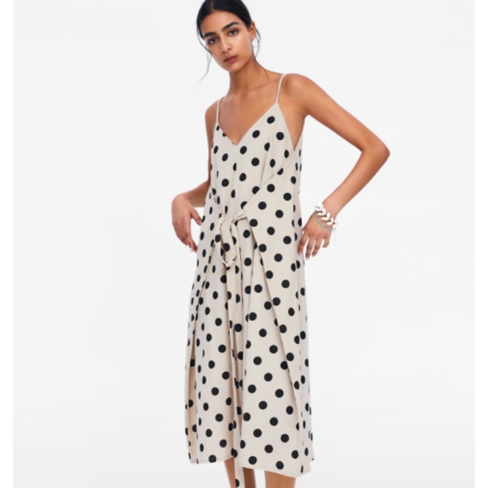 Zara Belted Dress with Straps in Beige w Dots